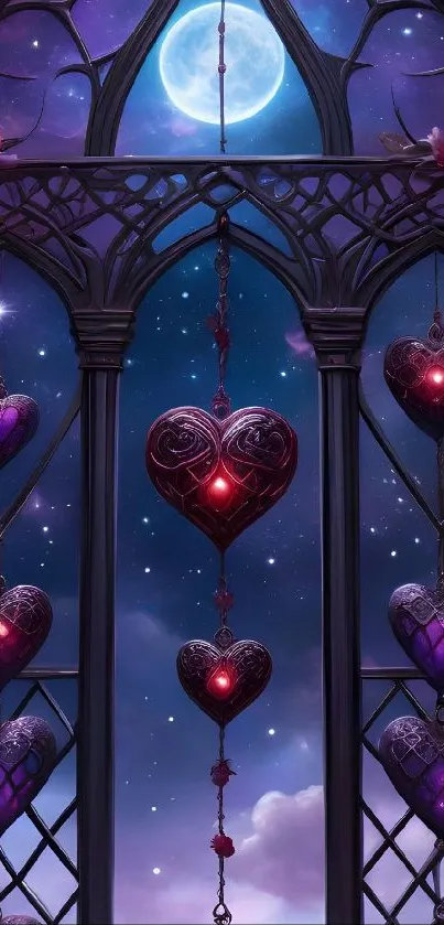 Heart ornaments hanging in moonlit sky through gothic window.