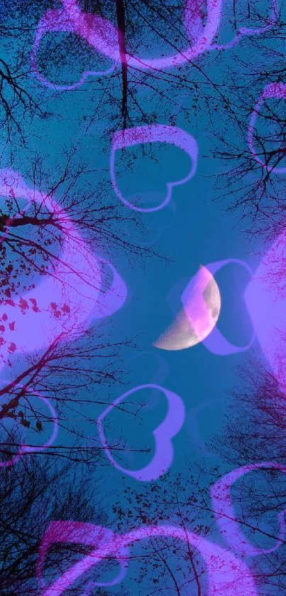 Crescent moon and purple hearts in a night sky wallpaper.