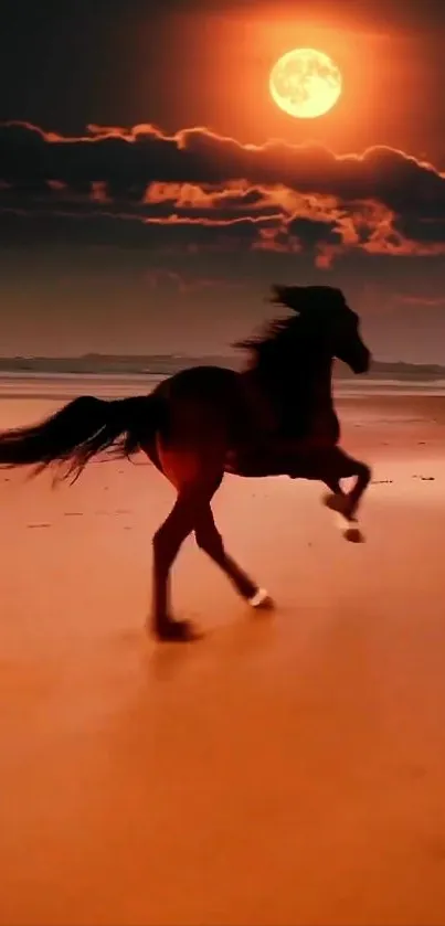 Horse galloping on a moonlit beach under a dark orange sky.