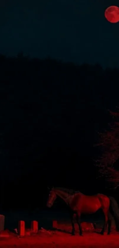 A horse stands under a red moonlit sky with a vivid crimson glow.