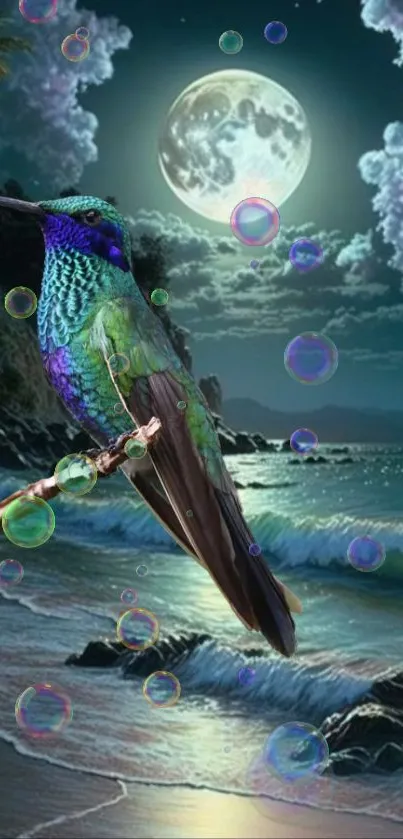 Vibrant hummingbird with bubbles under moonlit sky on beach.