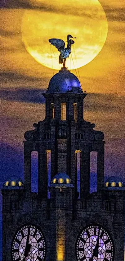 Moonlit clock tower with full moon background.