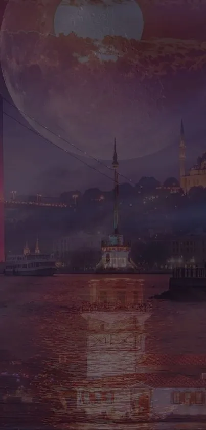 Moonlit Istanbul skyline with iconic landmarks.