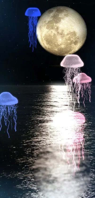 Moonlit seascape with glowing jellyfish swaying under a bright full moon.