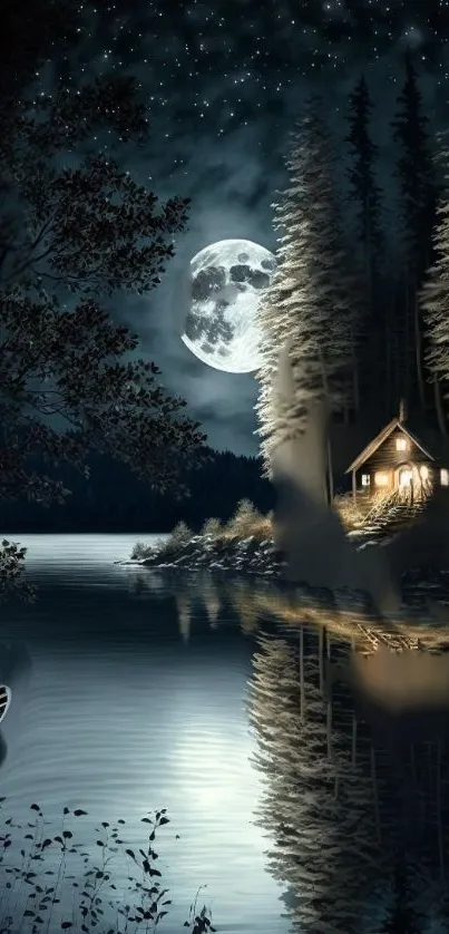 Moonlit cabin on a serene lake with a starry sky reflection.