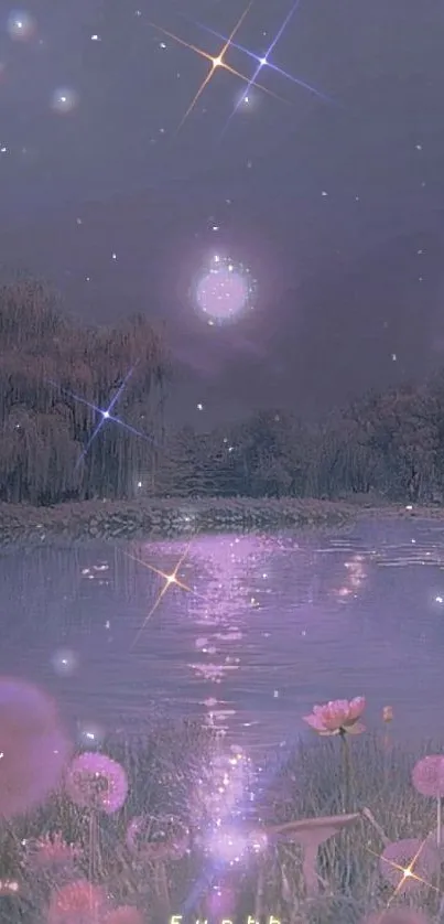 Moonlit lake with stars reflecting on water in a purple night setting.