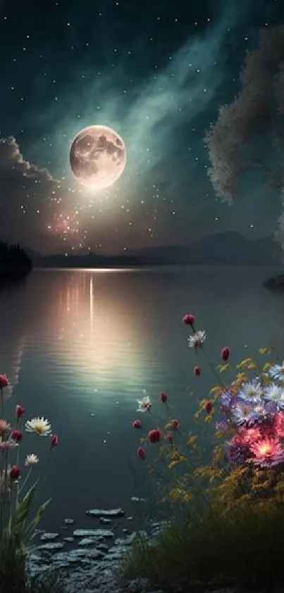 Moonlit lake with flowers under a starry sky.