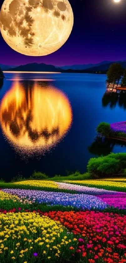 Moonlit lake with colorful flowers reflecting under a vibrant night sky.