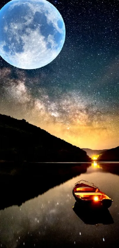 Boat on moonlit lake with stunning night sky.