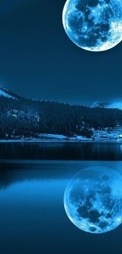 Moon reflecting over a tranquil night lake with shades of blue.