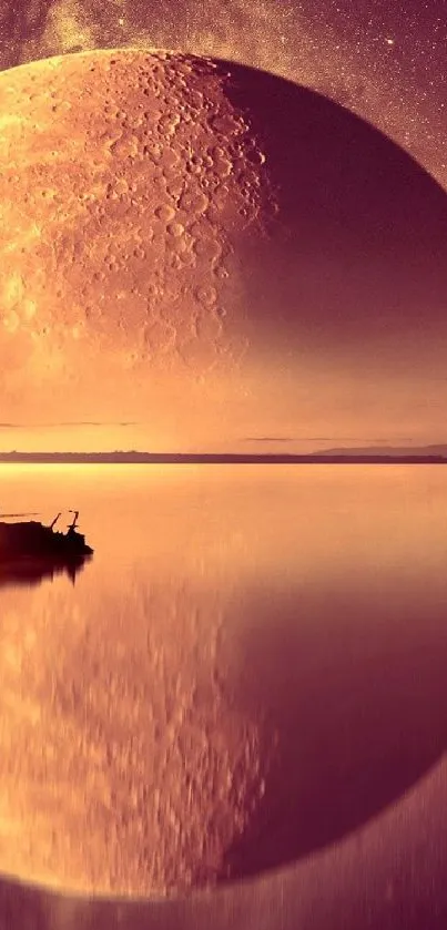 Boat sailing on moonlit water reflecting a giant moon and tree.