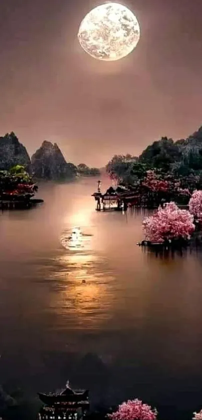 Moonlit landscape with lake and cherry blossoms in a serene natural setting.