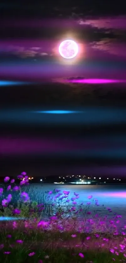 Moonlit lake with purple flowers and night sky.