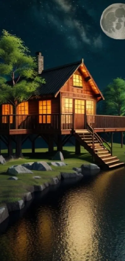 Night scene of a cabin by a lake under a full moon.