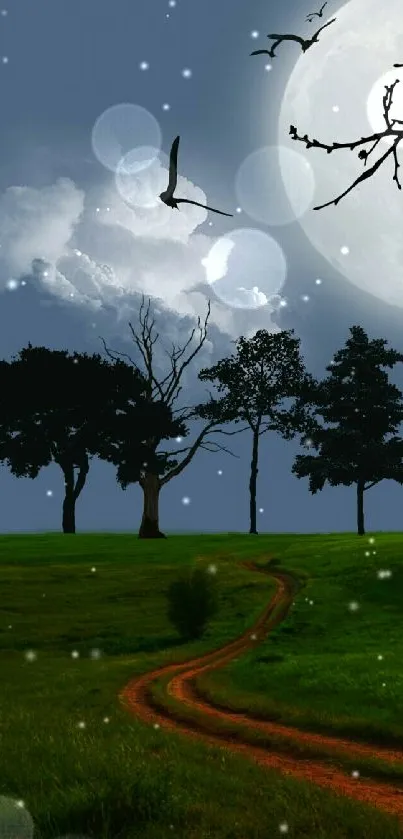 A moonlit landscape with trees and birds, featuring a glowing full moon.