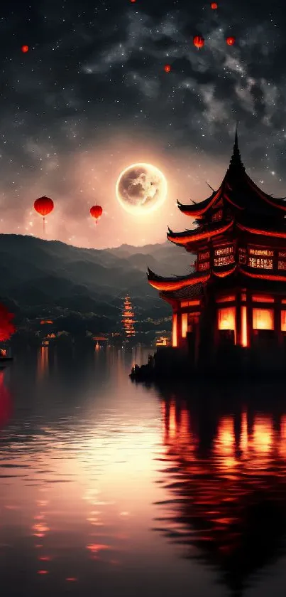 Moonlit scene with red lanterns and pagodas on calm waters at night.