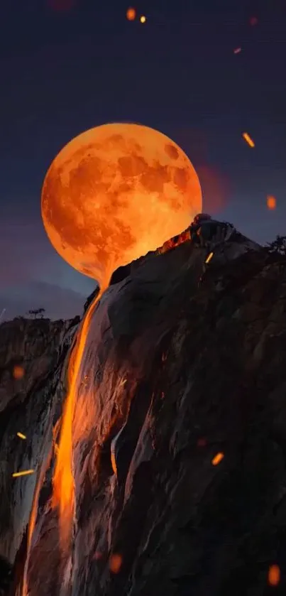 Orange moon with lava-like flow down a mountain in a fantasy artwork.