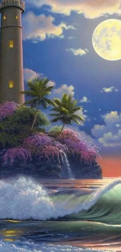 Moonlit lighthouse with ocean waves and tropical landscape wallpaper.