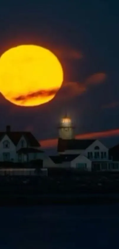 Lighthouse silhouette against a bright orange sunset over the sea.