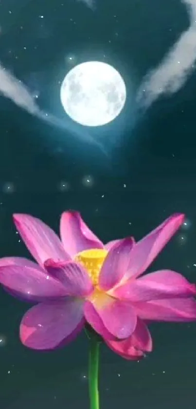 Heart-shaped cloud with moon above pink lotus flower.