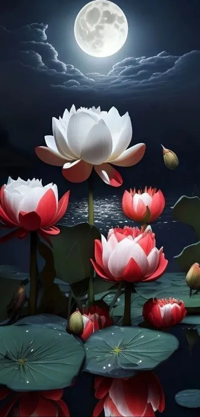 Moonlit lotus pond with water lilies and full moon reflecting on a serene lake.