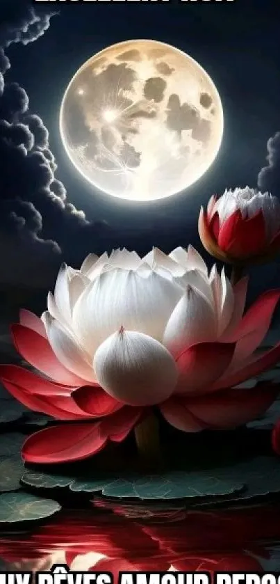 Serene moonlit night with lotus flowers under a full moon.