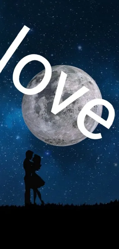 Romantic wallpaper featuring couple under a full moon with stars and love text.