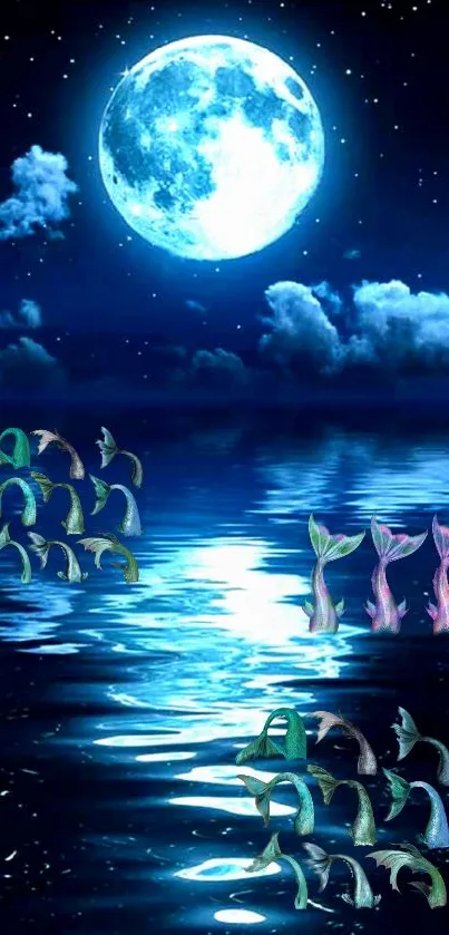 Enchanting moonlit mermaid tails reflecting in serene night waters.