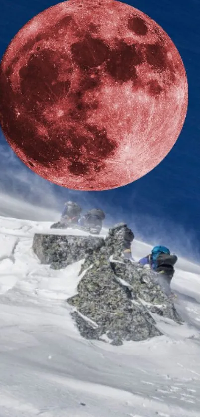 Red moon over snow-covered mountain landscape.