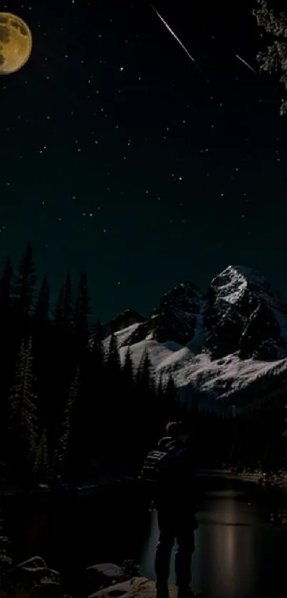 A person stargazing in moonlit mountain scenery at night.