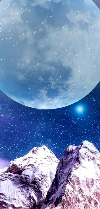 Moonlit mountains with starry night sky.