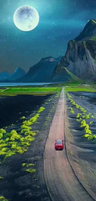 Moonlit mountain road with a car under a bright sky.