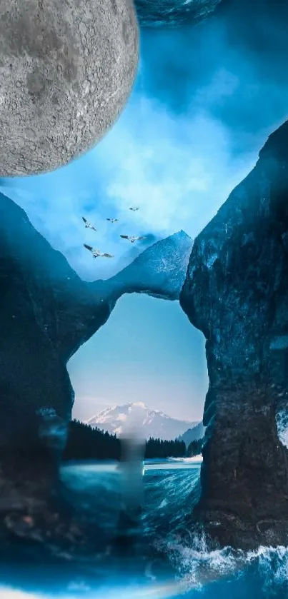 Moonlit mountain scene with ocean waves and a large moon in a serene landscape.