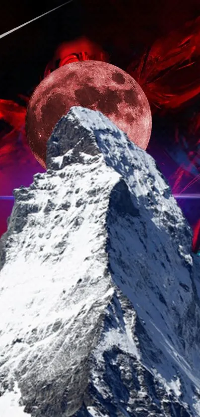 Snowy mountain with red moon and abstract background.