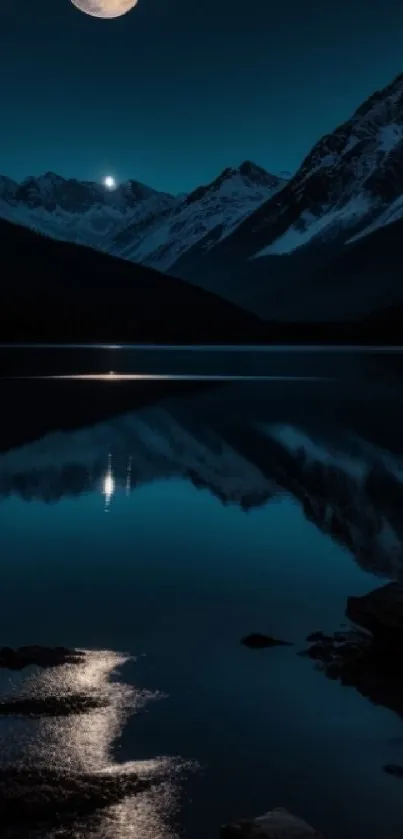 Moonlit mountain lake at night with a clear reflection.