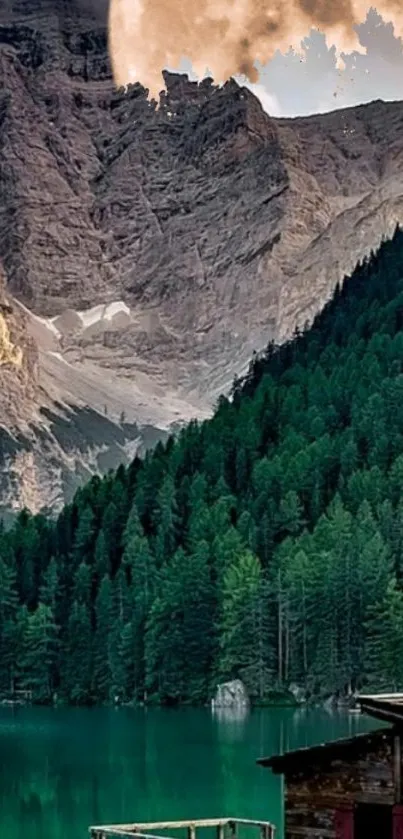 Serene mountain lake under full moon with evergreen forest.