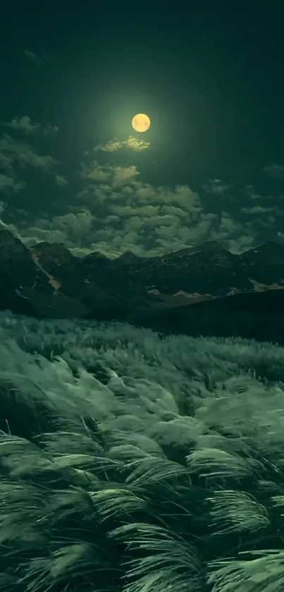 Moonlit mountain landscape with a full moon over dark green scenery.