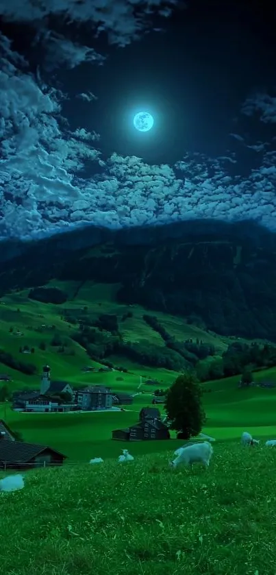 A serene moonlit landscape with green fields and sheep under a starry night sky.