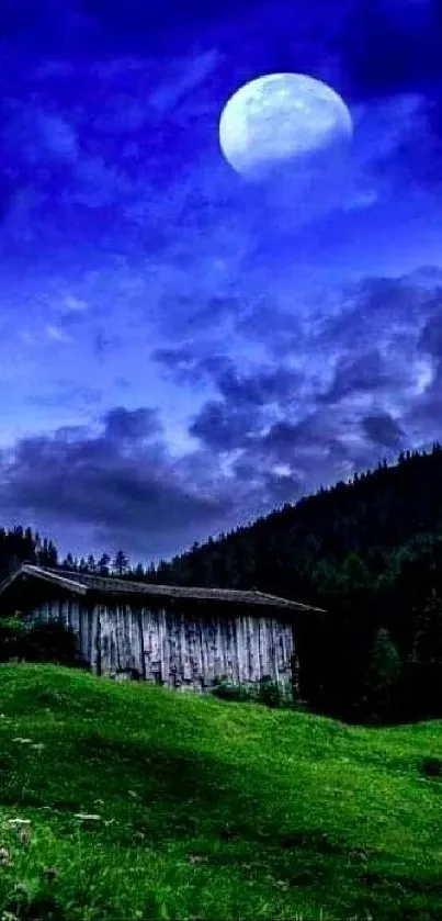 Moonlit mountain landscape with lush green hills.