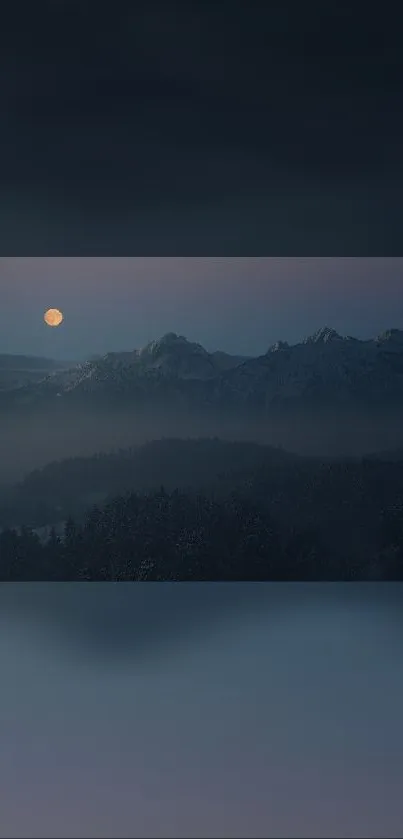 Serene night landscape with moon and misty mountains.