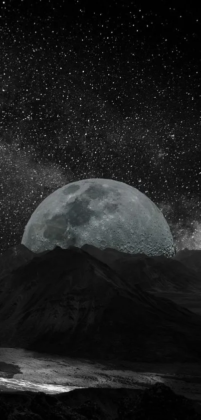 Moonlit mountain with starry night sky.