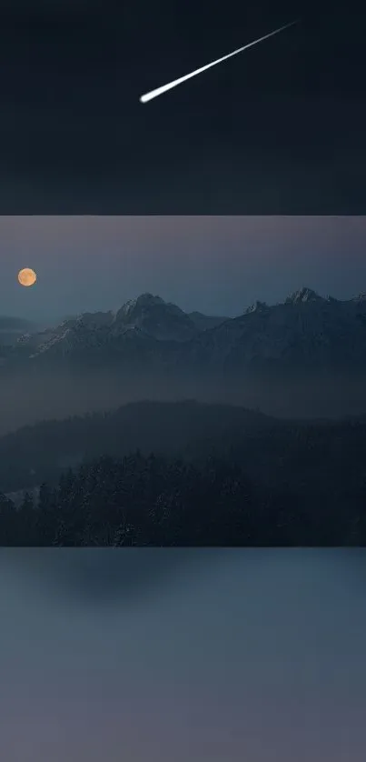 Moonlit mountain view with shooting stars and dark blue night sky.