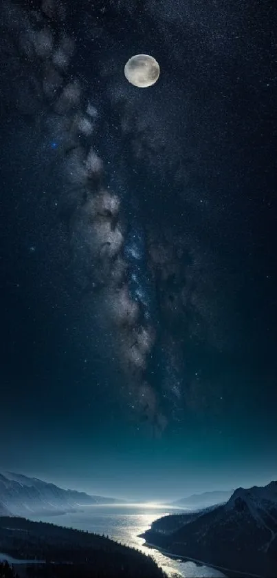 Moonlit mountain night sky with stars and a serene view.