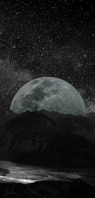 Mobile wallpaper of a moonlit mountain under a starry night sky.