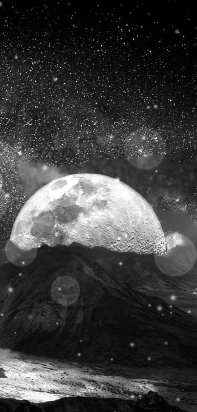 Black and white wallpaper of moon over mountain under starry sky.