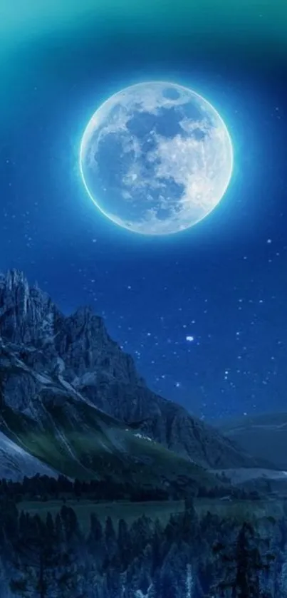 Moonlit mountain nightscape with stars and serene blue hues.