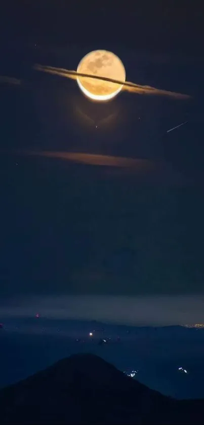 Full moon above a mountain with a dark, starry sky.