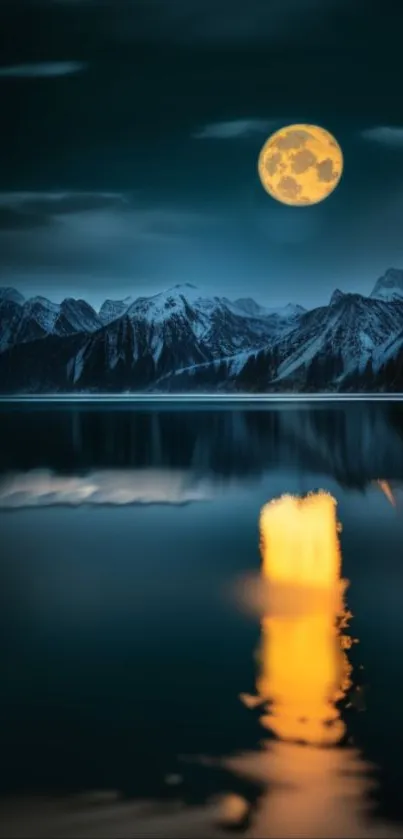 Full moon over mountain lake with reflection.