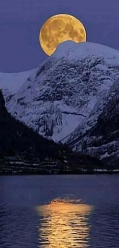 Moon rises over snowy mountains reflecting in a serene lake.