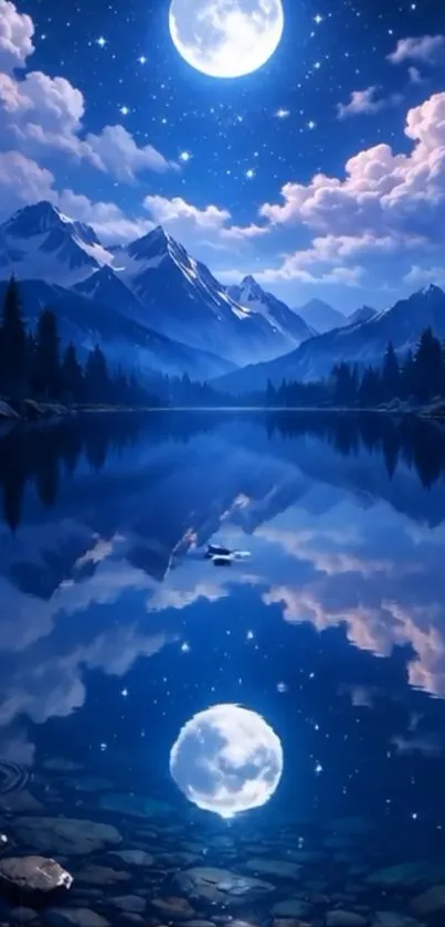 Moonlit mountains and lake reflection at night.